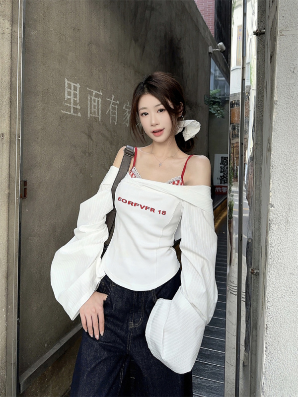 Lantern sleeve white shirt for women 2024 new slim niche design one-shoulder top