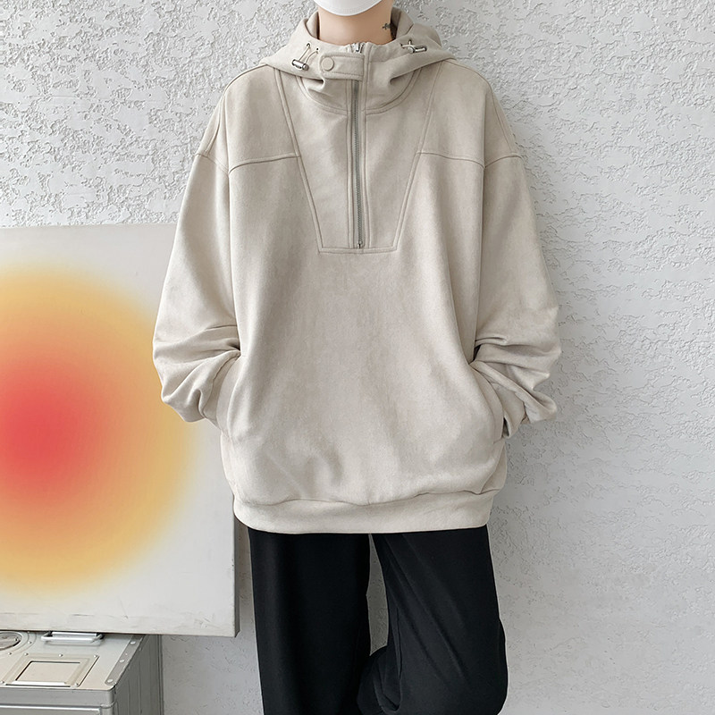 Suede sweatshirt hooded loose American heavyweight half-zip hoodie jacket