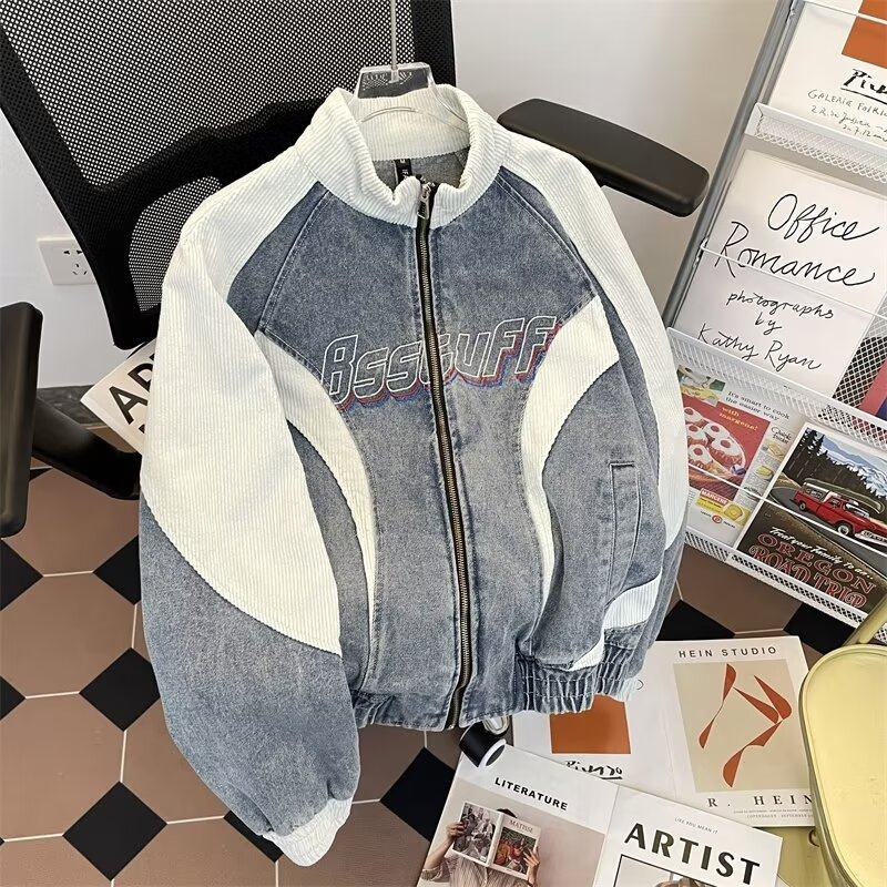 Autumn men's denim jacket corduroy contrast stitching stand collar jacket motorcycle jacket