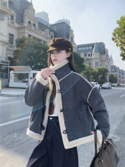 Autumn and winter corduroy spliced ​​imitation lamb wool short plus velvet thickened coat and cotton coat