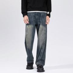 High-end deconstructed splicing jeans for men high street vibe style straight wide leg drapey long pants