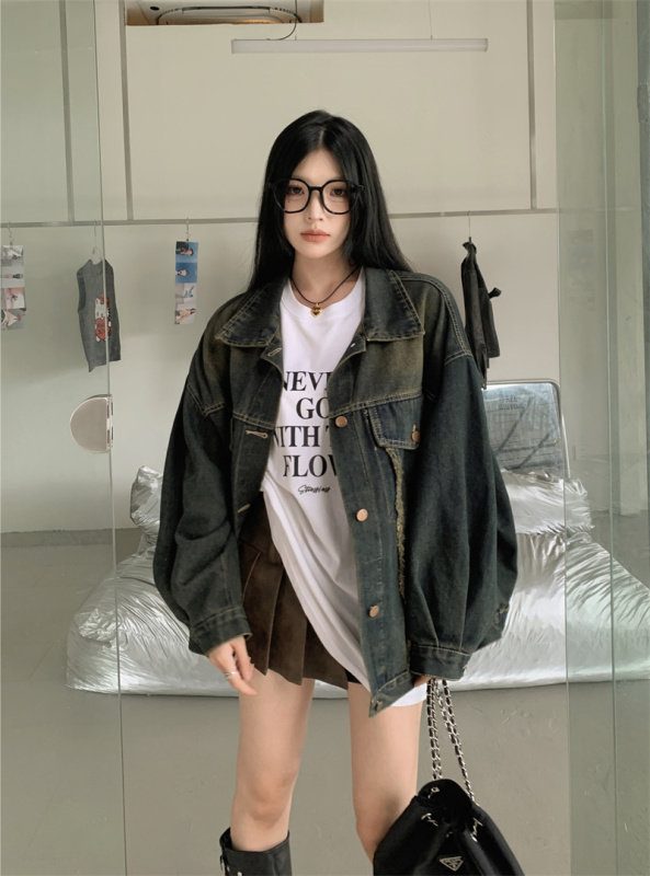 Retro distressed water raw edge washed denim short jacket early autumn new loose casual long-sleeved top