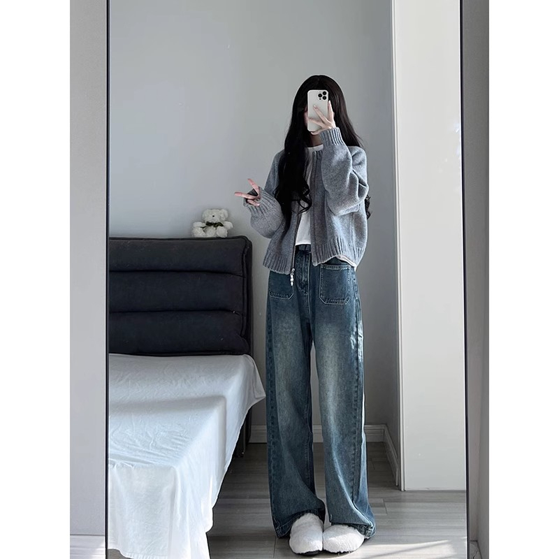 Gray short sweater jacket women's early autumn new loose thick zipper cardigan long-sleeved knitted top