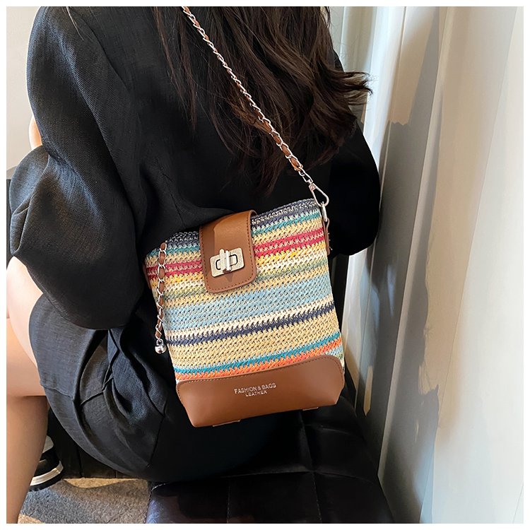 This year's popular straw bucket bag for women 2024 new fashion summer rainbow woven crossbody mobile phone bag