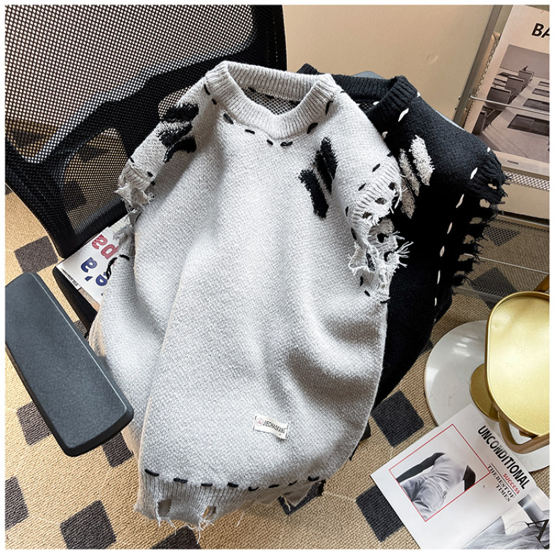 Hong Kong style casual solid color hole knitted deer plush hand knitted raw edge vest vest