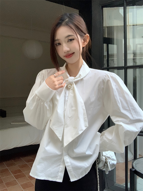 2024 Western-style bow ribbon ribbon shirt white super fairy long-sleeved shirt top women's fashion trend