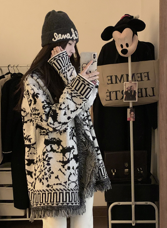 Autumn new Korean style loose and high-end jacquard tassel knitted sweater cardigan jacket for women