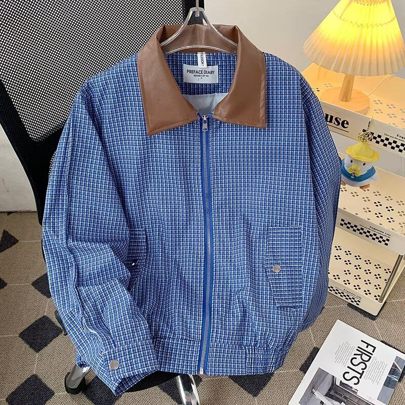 Hong Kong style autumn men's leather collar jacket striped plaid casual coat