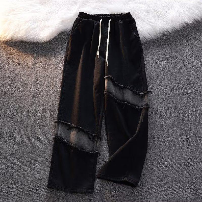 Men's trendy casual tassel splicing jeans for teenagers American high street popular straight trousers