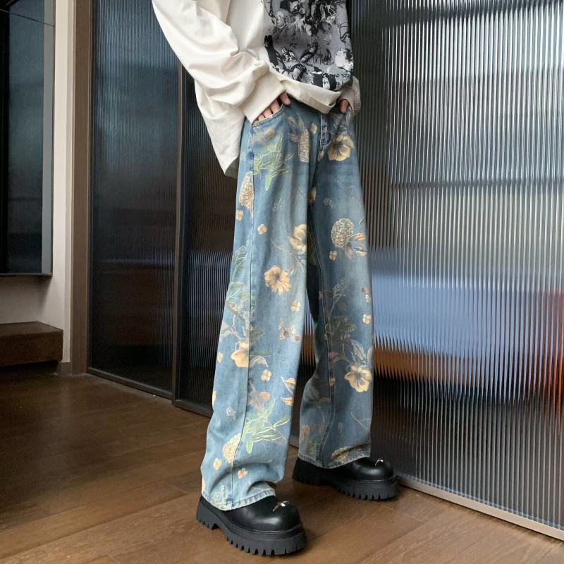 American retro distressed jeans men's summer design straight wide leg trendy brand handsome pants