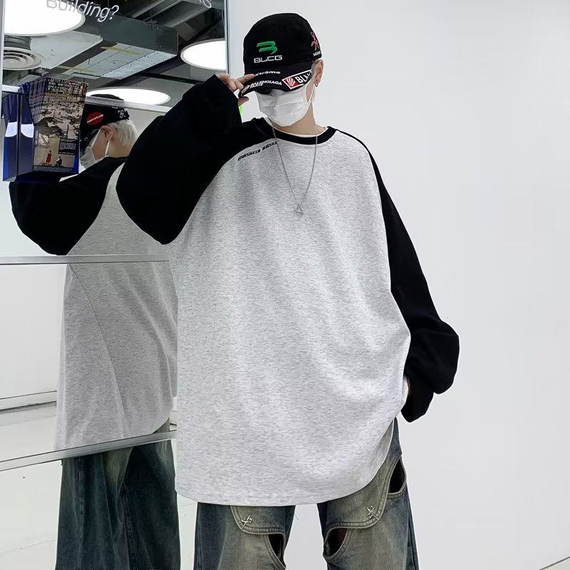 Retro raglan sleeve spliced ​​long-sleeved T-shirt spring and autumn Hong Kong style sweatshirt loose and versatile casual top for men