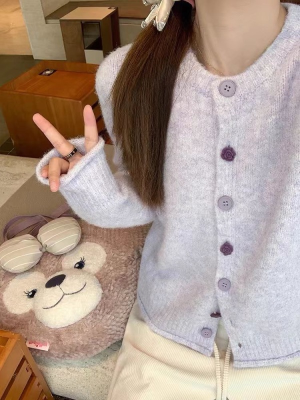 Purple sweater cardigan women's autumn and winter round neck temperament loose sweater jacket with long-sleeved top