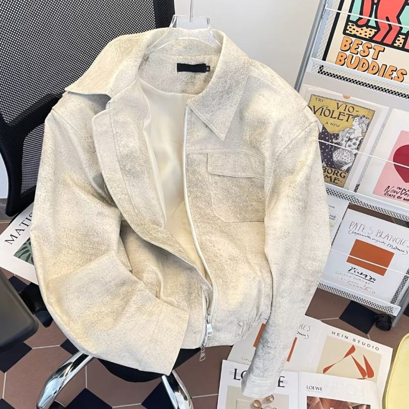 Distressed tie-dye pu leather jacket men's American cleanfit leather jacket spring and autumn loose trendy brand motorcycle jacket