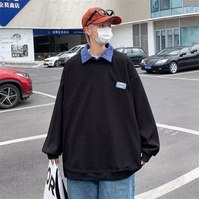Japanese fake two-piece polo shirt waffle sweatshirt men's loose long-sleeved high street lapel T-shirt top