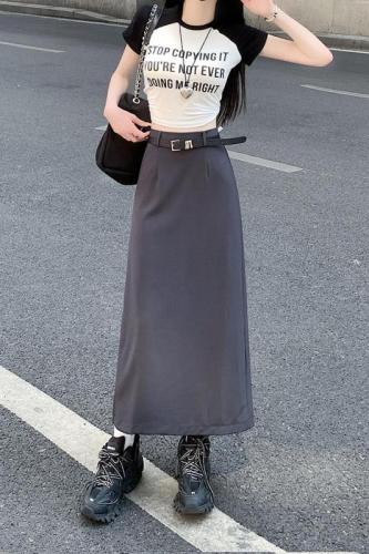 Free belt drape suit, skin-friendly slit one-step skirt, casual elastic waist, A-line long skirt, slightly elastic and simple