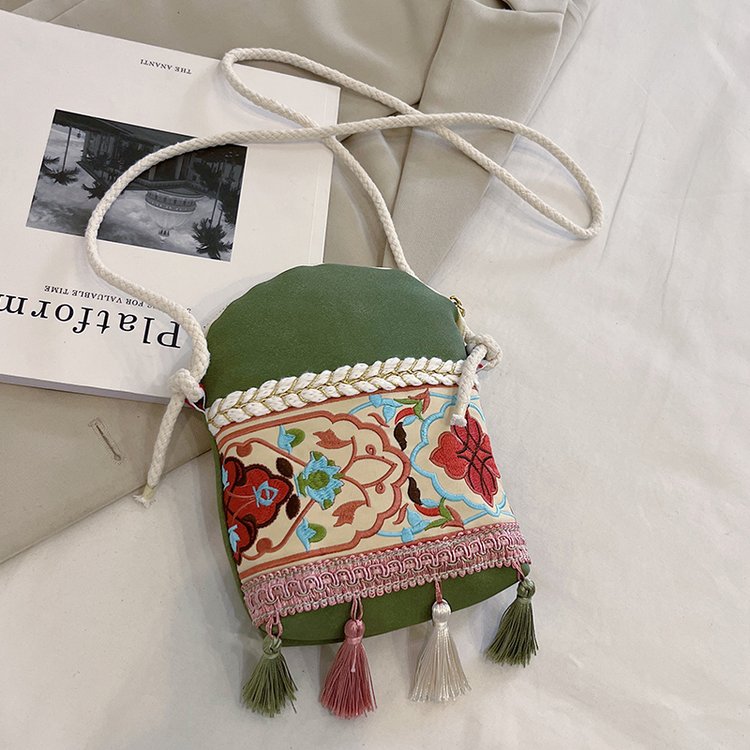 Cross-border new ethnic style women's bag, simple and fashionable canvas shoulder bag, trendy bucket crossbody bag