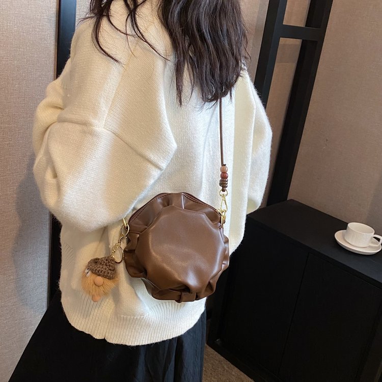 PU women's bag design leather small round bag cute girl pleated commuter shoulder bag winter retro crossbody bag