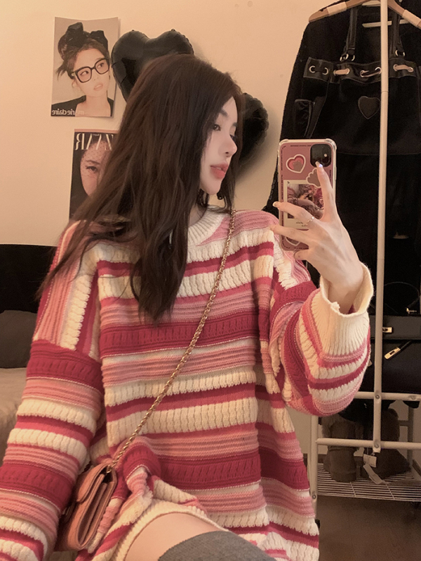 Korean style loose lazy style striped contrasting round neck knitted pullover sweater for women
