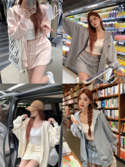 Pink and peach suit hooded sweatshirt jacket for women lazy style pink top and skirt