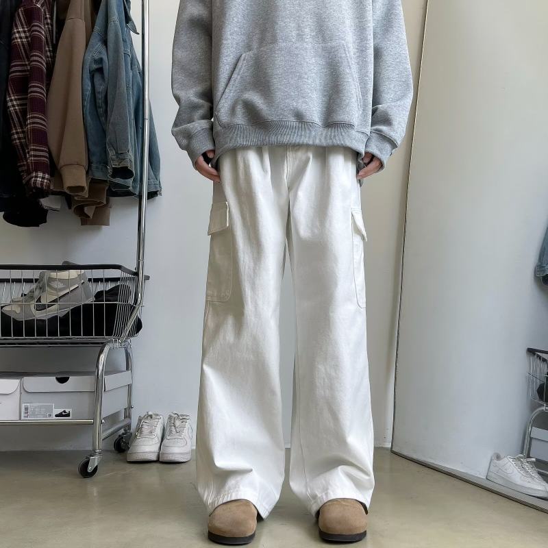 American solid color overalls for men, fashionable, loose, straight, versatile, large pocket casual trousers