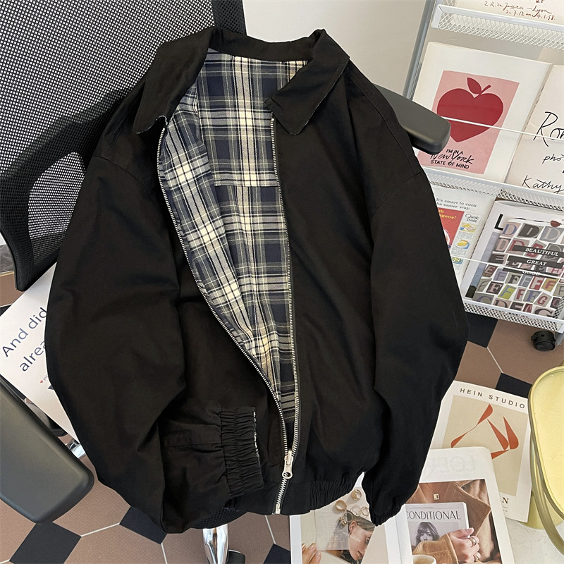 American ins trendy brand loose retro plaid double-sided jacket with spliced ​​lapel