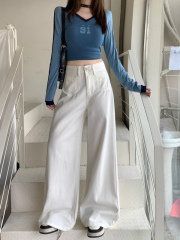 Retro Distressed High Waist Double Button Wide Leg Jeans Women's Fall Loose Drape Straight Floor-Mopping Pants