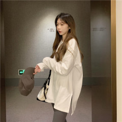 German velvet bottoming shirt autumn and winter new mid-length slit thickened T-shirt loose brushed T-shirt for women