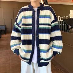 Striped contrasting color knitted sweater jacket for men autumn and winter loose round neck cardigan casual sweater