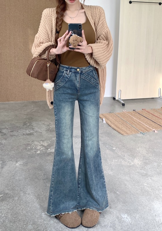Small retro design raw edge slightly flared jeans for women, low-waist slimming hot girl floor-length trousers