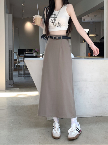 Free belt drape suit, skin-friendly slit one-step skirt, casual elastic waist, A-line long skirt, slightly elastic and simple