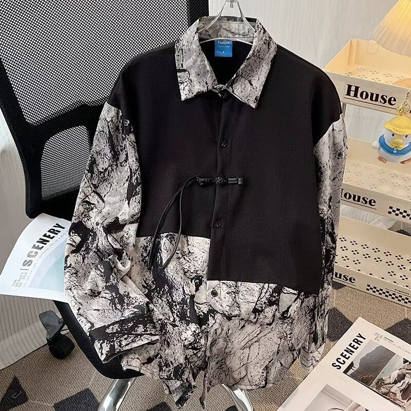New Chinese style fake two-piece men's long-sleeved short-sleeved shirt 2024 new loose trendy handsome Chinese style mid-sleeve shirt