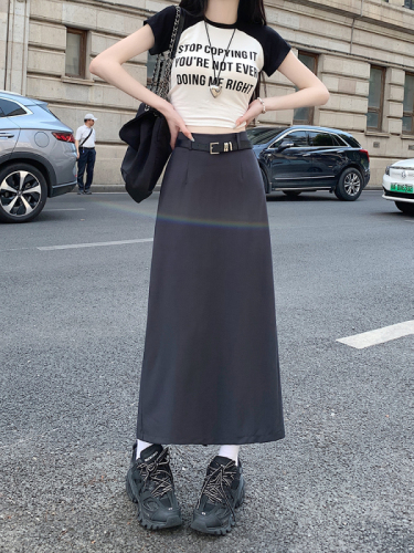 Free belt drape suit, skin-friendly slit one-step skirt, casual elastic waist, A-line long skirt, slightly elastic and simple