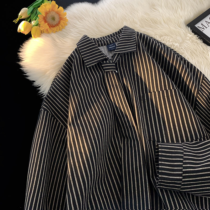 Contrast striped long-sleeved shirt men's trendy loose design pocket bf drape lapel casual jacket shirt