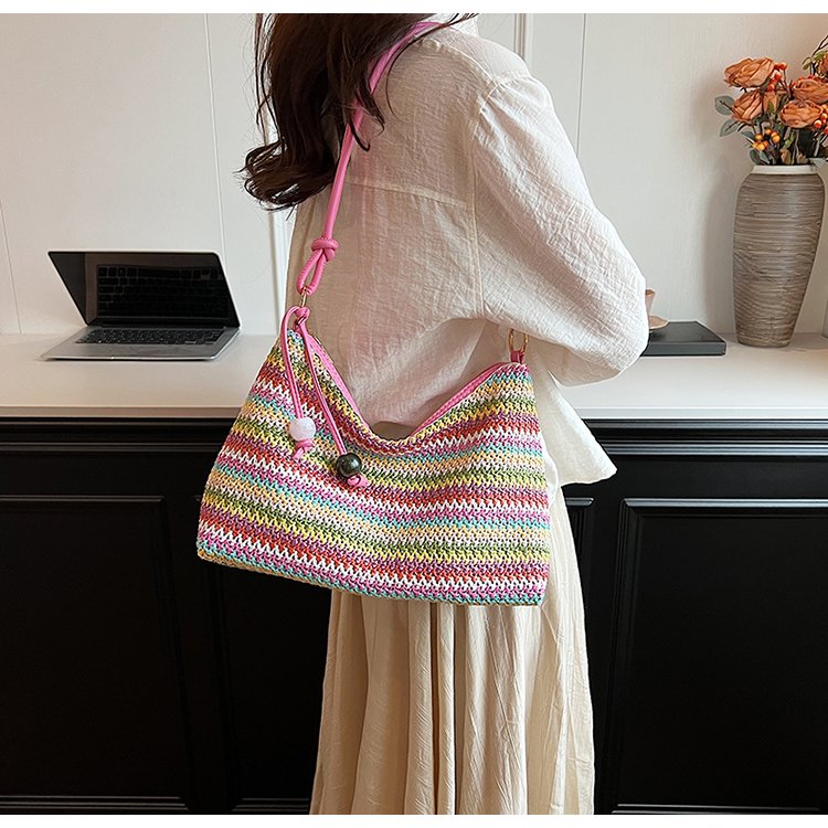 Large-capacity bag for women new fashion rainbow woven women's bag popular color matching women's shoulder bag versatile handbag