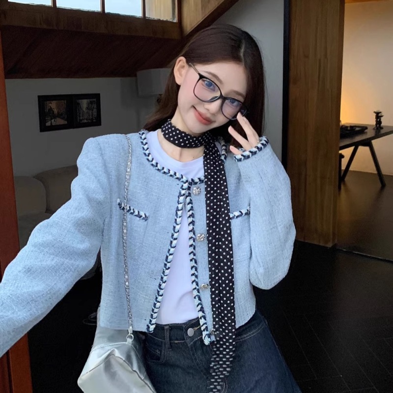French fashion short blue fragrant jacket with high-end tweed design knitted cardigan top