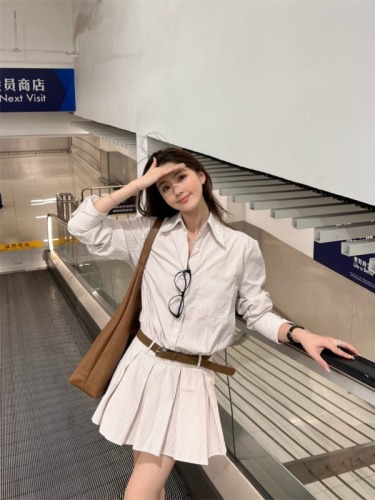 New Striped Shirt Collar Dress Women's Long Sleeve Casual Fashion Waist Dress