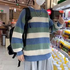 Contrast color striped sweater men's autumn and winter new Japanese style lazy style sweater trendy loose sweater