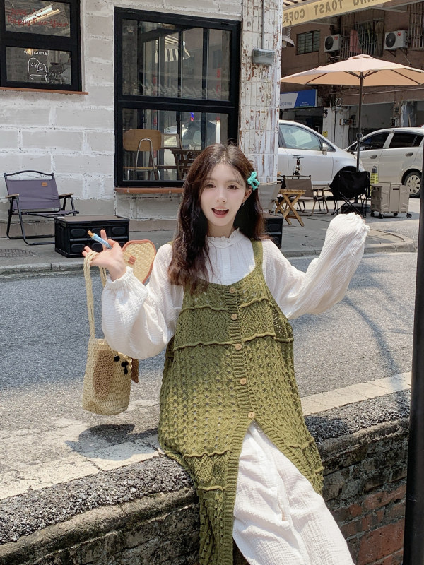 Hollow knitted versatile layered sundress + loose long-sleeved cotton shirt skirt set