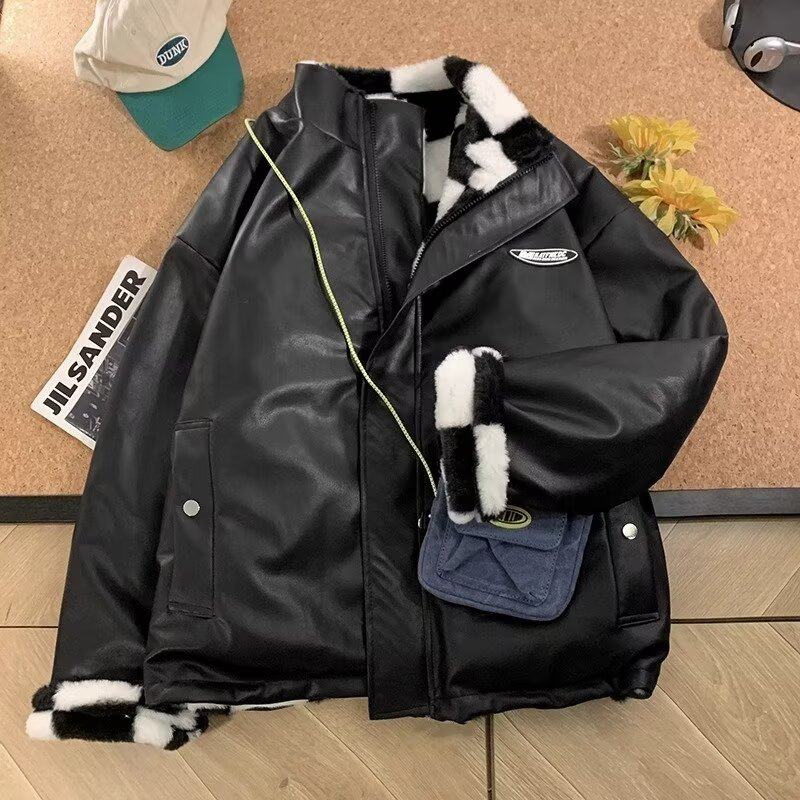 Autumn and winter black and white checkerboard lamb wool coat for women plus velvet and thickened Korean style loose plaid student cotton coat