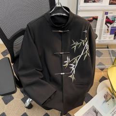New Chinese style retro stand collar green bamboo national style suit jacket men's niche metal airplane buckle decorated loose top
