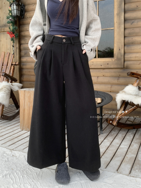 New autumn and winter woolen suit wide-leg trousers for women high-waisted loose slimming straight trousers for small people