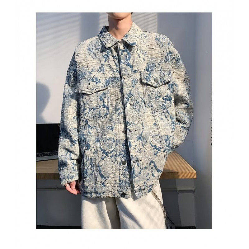 Autumn new American high street style tassel floral denim jacket for men washed embroidered loose versatile jacket