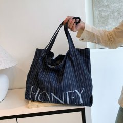 Korean fashion casual letter bag large capacity shoulder crossbody bag denim striped canvas bag versatile commuter bag for women
