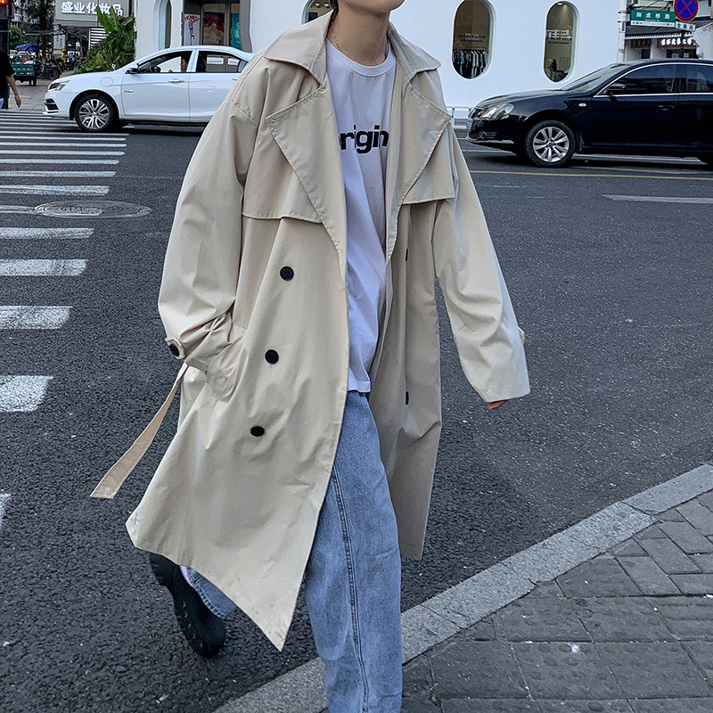 Spring and Autumn trendy brand British style loose Hong Kong style handsome double breasted mid-length coat