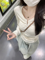 Cream girl simple slim fit commuting pleated long-sleeved T-shirt