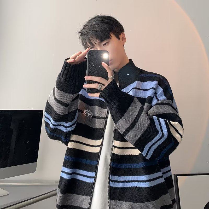 Striped stand-up collar cardigan sweater for men and women trendy brand couple wear sweater loose autumn and winter lazy jacket