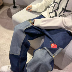 Jeans men's wide-leg pants with love design, summer straight pants, loose floor-length pants, fashionable