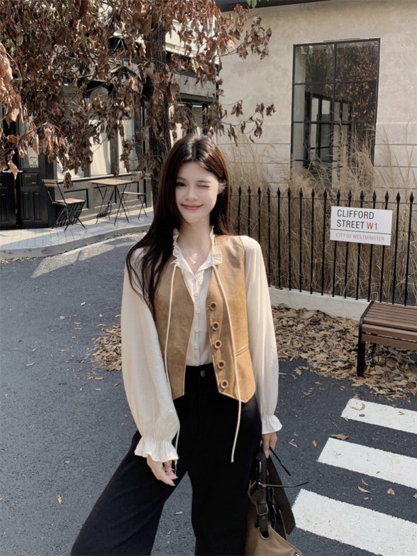 Early autumn new style leather vest jacket, fungus collar shirt two-piece fashionable outfit
