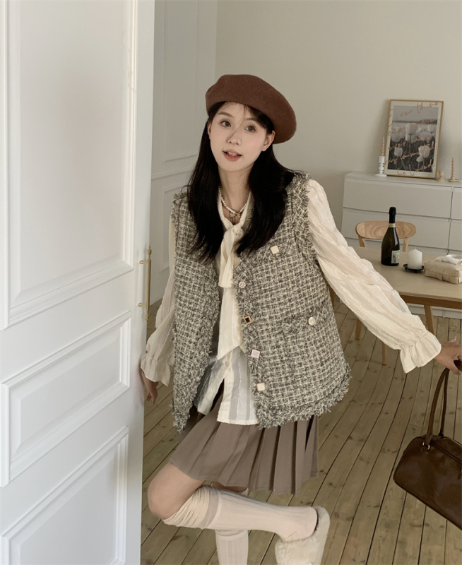 New style small fragrant tweed sleeveless vest Korean style versatile