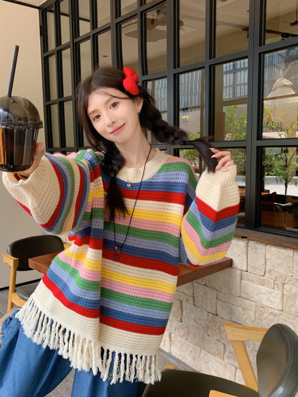 Large version thickened literary Mori girl rainbow striped fringed knitted lazy style pullover sweater